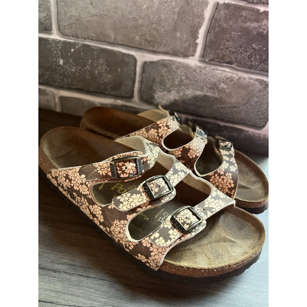Birkenstock Papillio Florida Sandals Sz 38 7US 3 Strap Brown Floral Flower - Picture 4 of 11